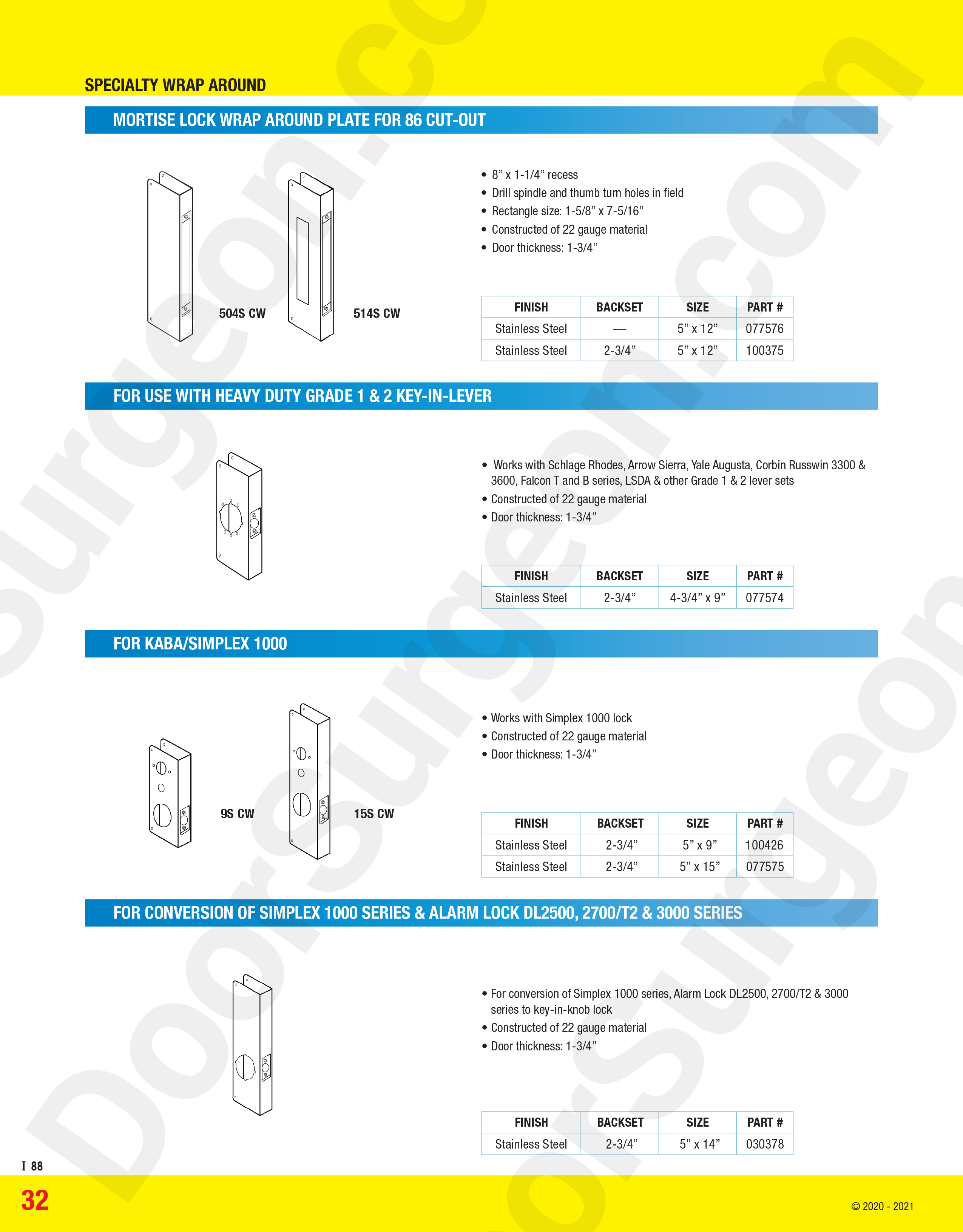 Mortise lock wrap around plate for 86 cut-out, for use with heavy duty grade 1 and 2 key-in-lever, for KABA/Simplex 1000, for conversion of Simplex 1000 series and alarm lock DL2500, 2700/T2 & 3000 series Cochrane